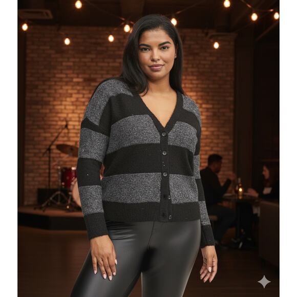 Torrid Women L Glam Party Holiday Sequin Striped Vegan Cashmere Cardigan Sweater - Picture 2 of 10